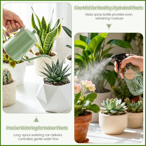 Watering Can for Indoor Plants, 20 oz Metal Small Plant Watering Can with Long Spout for House Plants, 13.5 oz Glass Plant Mister Spray Bottle for Bonsai Garden Flowers Decorative (Green) - view 3