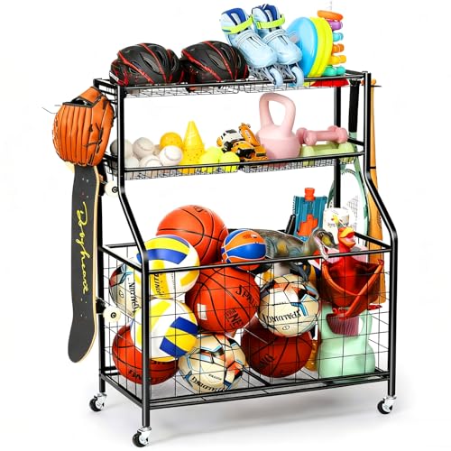 Sport Equipment Organizer for Garage, Steel Basketball Rack with Bat Holder and Hooks, Easy Assembly Storage for Balls, Kids' Toys, Workout Gear, Home Gym, Outdoor