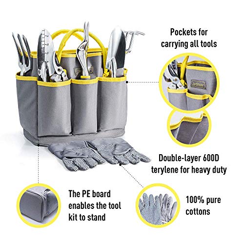Garden Tools Set, 8PCS Heavy Duty Garden Tool Kit with Outdoor Hand Tools, Garden Gloves and Storage Tote Bag, Gardening Tools Gifts for Women and Men - view 2