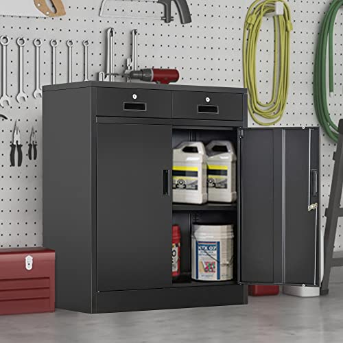 Metal Storage Cabinet, 36" H Locking Storage Cabinet with 2 Drawers and Adjustable Shelf, Metal Cabinets for Office, Garage, Home-Black - view 6