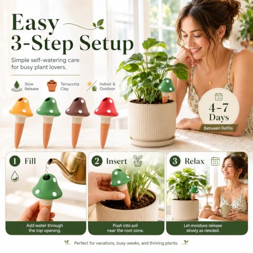 Terracotta Self Watering Spikes, 4 Pack Mushroom Self Watering Planter Insert, Vacation Plant Slow Release Watering Devices for Indoor Outdoor Plants, Colorful Large Water Globes - view 4