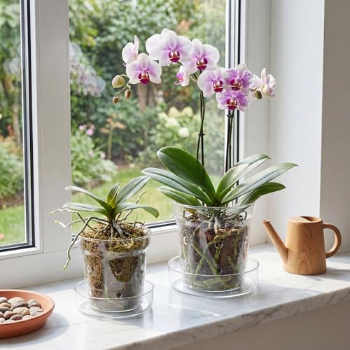 2 Pcs Orchid Pot with Drainage Holes and Tray Transparent Glass Pot Planter for Orchids Flower Repotting Anti Slip Glass Plant Vase for Indoor Outdoor Home Decor (4 Inch + 6 Inch) - view 4