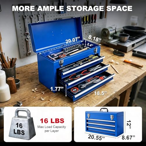 Metal Tool Box, 20.5-inch, Portable Metal Tool Box with 3 Drawers - view 2