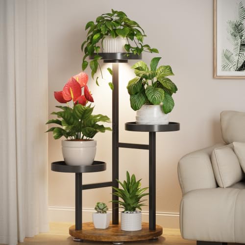 Corner Plant Stand Indoor Shelf Tall with Lights, 3 Tiers Black