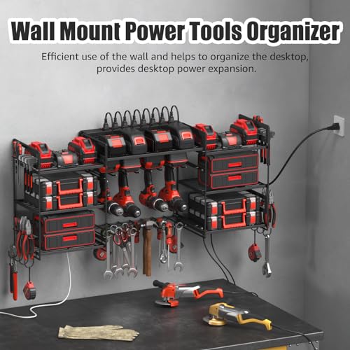 Black Power Tool Organizer Wall Mount, Large Tools and Battery Storage Rack Charging Station Individual Switches. Drills Holder, Garage Utility Shelves with 6FT Power Strip. Gift for Men. - view 3