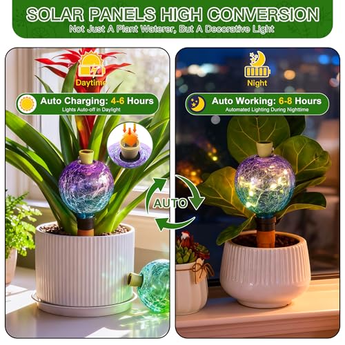 Solar Watering Globe, 17 oz, Purple Blue Crackle Glass with LEDs - view 3