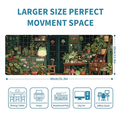 Cute Frog Kawaii Green Mouse Pad Desk Mat XL Extended Large Gaming Desk Pad Mousepad, Green Plant Computer Laptop Keyboard and Mouse Mat, Desktop Protector Mat for Office and Home 31.5x11.8 in - view 2