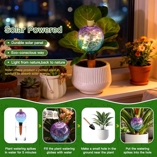 Solar Watering Globe, 17 oz, Purple Blue Crackle Glass with LEDs - view 6