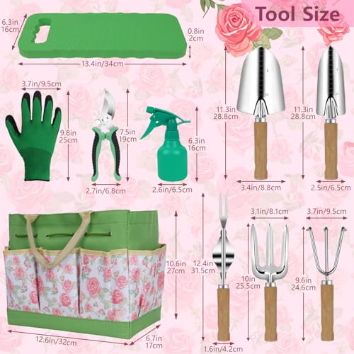 Garden Tools Set, 10-Piece Heavy Duty Garden Hand Tools Kit with Wooden Handle, Durable Organizer Bag for Garden Supplies, Gardening Gifts for Women Grandmother, Pink Floral Pattern - view 4