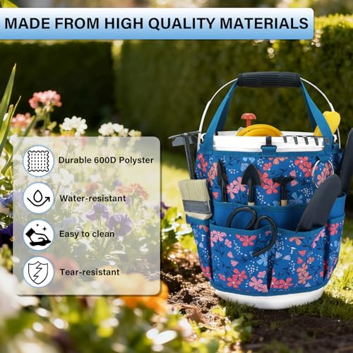 Bucket Organizer 5 Gallon 18-Pocket Tool Bucket Bag with 6 Hooks, Gardening Tool Holder Caddy for Gardeners, Outdoor Yard Work, Soil Plant Flower Gardening Accessories with Grip Pad, Blue - view 5