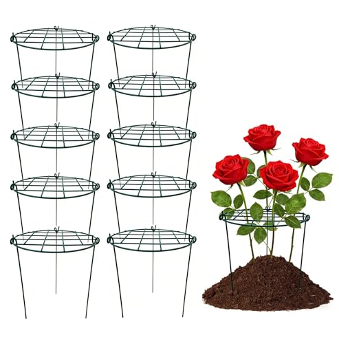 10 Pack 12 x 16 inch Poeny Cage Grow Through Grid Plant Brace Flower Support Rings,Round Metal Plant Stakes Rings, Strong Large Garden Supports for Flowers, Peonies, Rose, Lily