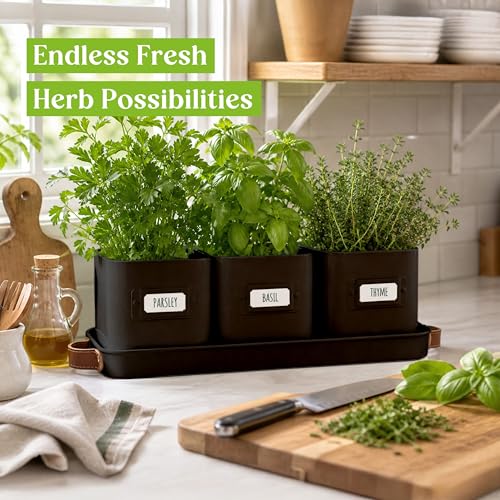 Herb Planter Indoor - Set of 3 Black Indoor Herb Garden Pots for Plants with Leather Handled Tray - Window Sill Plant Shelf - Herb Pots with Drainage Holes and Labels - view 7