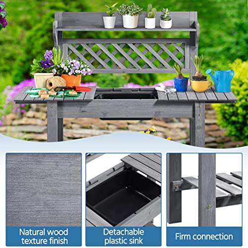 Outdoor Potting Bench with Sink, Garden Table, Lower Shelf,Gray - view 5
