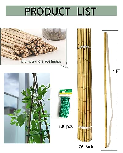 4 Ft Bamboo Stakes with 100 Twist Ties Natural Bamboo Garden Stakes for Tomatoes Cucumber Grapes Pole Beans Trees Potted Dahlia Flowers and Climbing Plants - Pack of 25 - view 2