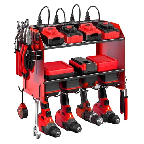 Power Tool Organizer Wall Mount with Charging Station, Heavy Duty 3 Layers Tool Storage Rack with 4 Cordless Drill Holder, Battery Holder with 8 Power Strip, Ideal for Garage, Warehouse, Workshop