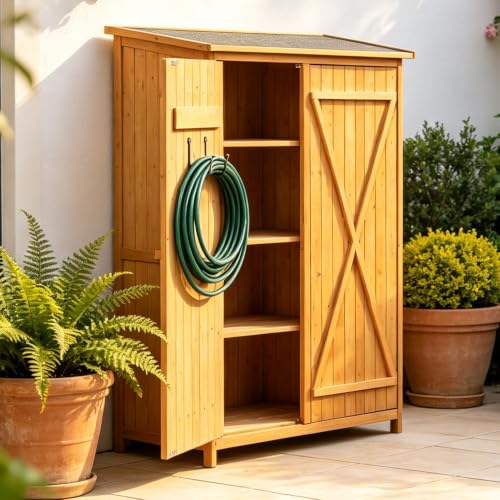 Wooden Outdoor Storage Cabinet, Garden Shed with Double Doors and Shelves, Tool for Patio Backyard, Organizer for Gardening Supplies, Easy Assembly