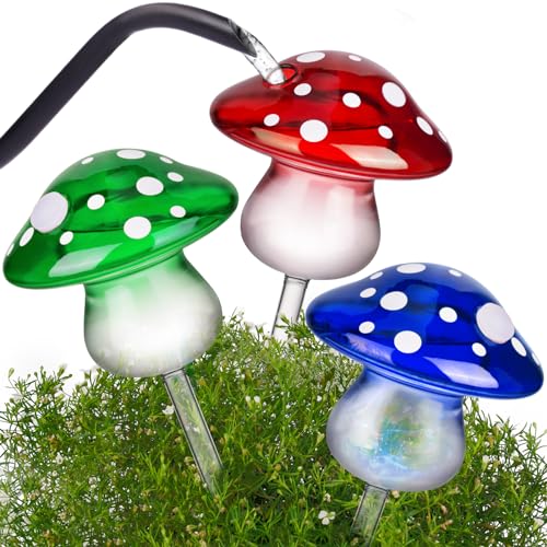 Self Watering Globes Mushroom Glass Bulbs Set of 3, Indoor Outdoor