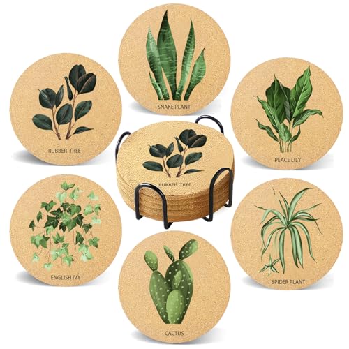 Plant Coasters for Drinks with Holder Set of 6, Illustration Absorbent Cork Coaster for Cup Desk Office Table Kitchen Decor House Warming Gifts for New Home Couples, Round 4"