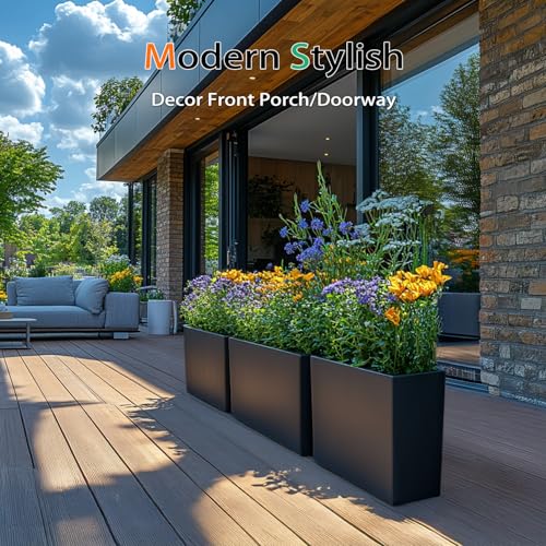 Rectangular Planter Box for Outdoor Plants, Large Tall Resin Garden Pots for Front Porch, Patio, Indoor (Black, 25 x 21 inch) - view 4