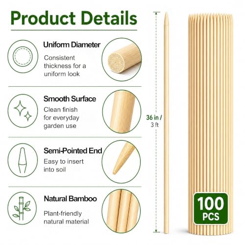 100 PCS 3FT Bamboo Plant Stakes, 6.3mm Thick Bamboo Stakes - view 3