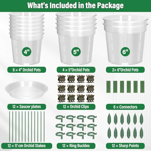 12 Pack Plastic Orchid Pots with Holes, 4, 5, 6 Inch Clear Orchid Pots for Repotting with Saucers Drainage and Plant Stakes, Large Small Breathable Orchids Planter Plant Pot - view 2