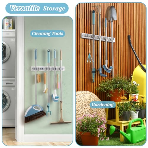 White Broom Holder Wall Mount - Heavy Duty Wood Mop and Broom Organizer with 5 Slots & 4 Hooks - Garden Tool Hanger for Laundry Room Closet Kitchen Garage Storage and Organization - Modern Home Decor - view 4