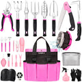 Pink Garden Tool Set Gardening Items for Women - 24PCS Heavy Duty Garden Tools with Detachable Storage Bag, Succulent Tool Set, Weeder