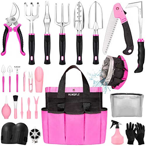 Pink Garden Tool Set Gardening Items for Women - 24PCS Heavy Duty Garden Tools with Detachable Storage Bag, Succulent Tool Set, Weeder