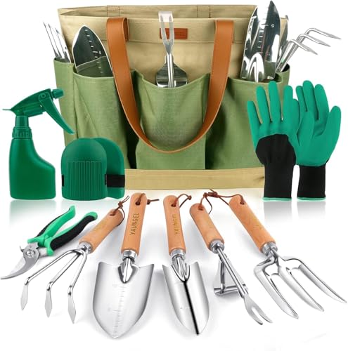 Gardening Tools Set of 10 Heavy Duty Gardening Hand Tools Stainless Steel Garden Tools with Wooden Handle, Storage Garden Bag, Gardening Gifts for Women and Men
