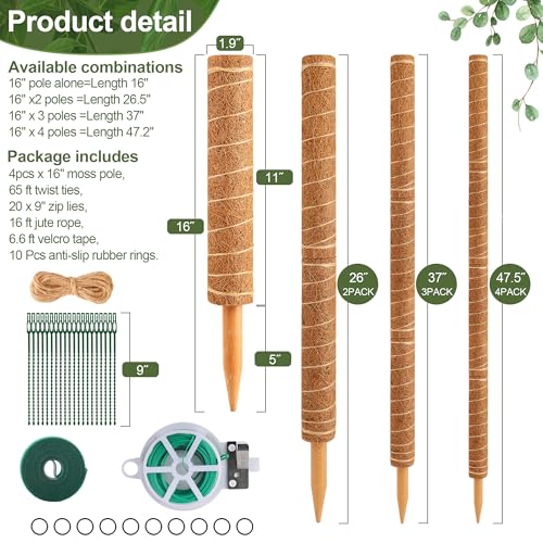 48 Inch Monstera Plant Support, 4 Pack 16 inch Moss Pole for Monstera & Climbing Plants Coco Coir Plant Support, Plant Ties Included - view 2