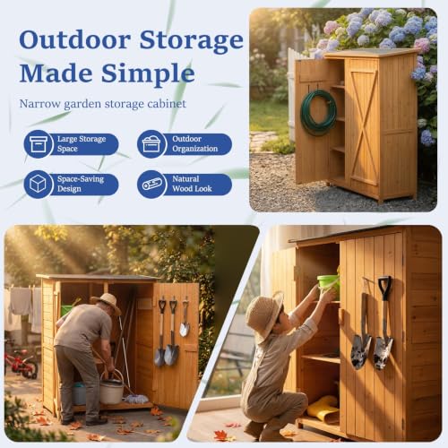Wooden Outdoor Storage Cabinet, Garden Shed with Double Doors and Shelves, Tool for Patio Backyard, Organizer for Gardening Supplies, Easy Assembly - view 5
