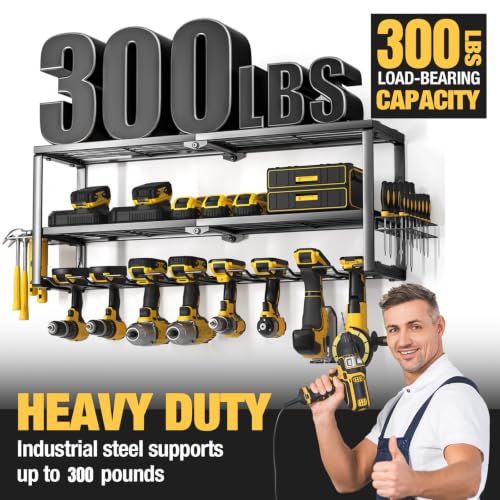 Heavy Duty Power Tool Organizer Wall Mount, Cordless Drill Hanger Storage Rack, Battery Tools Holder with Charging Station Shelf for Garage Organization, Workshop, Pegboard, Shed - 32 Inch 8 Slots - view 5