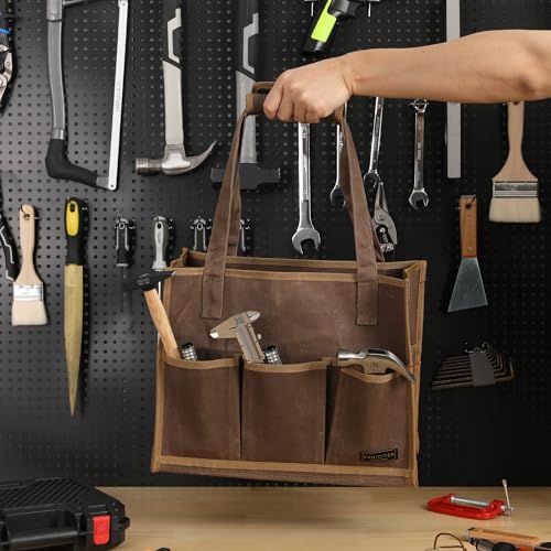 Heavy-Duty Waxed Canvas Tool Pouch - 14-Pocket Garden Tool Organizer with Removable Handle | Multi-Compartment Storage Bag for Tools (14.5" x 11" x 6.5", Grey) - view 6