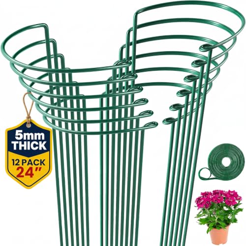 12 Pack Tall Snake Plant Support Stakes – 10" W x 24" H Half Round Peony Cages and Supports for Indoor and Outdoor Plants – Plant Cage Ring Support for Flower - Peony, Tomato, Hydrangea, Rose Bush