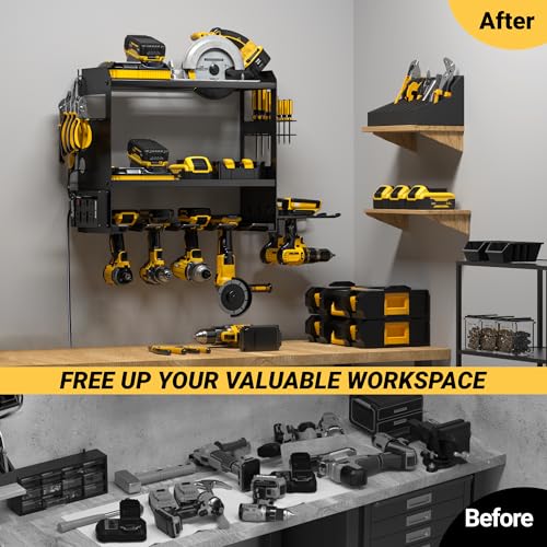 Power Tool Organizer Wall Mount with Charging Station, Cordless Tools Hanger and Battery Storage Rack for Garage Organization, Heavy Duty Drill Holder Shelf Build in Metal Power Strip - Black - view 5