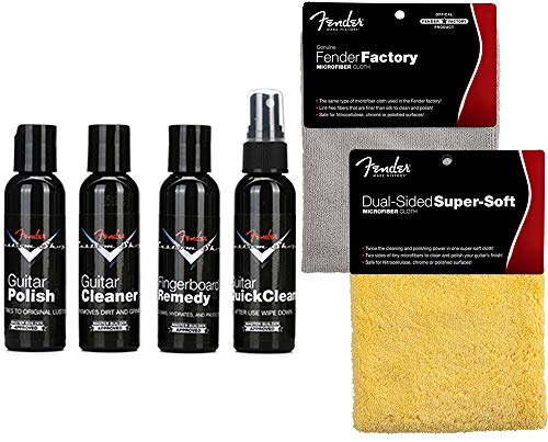 Fender Guitar Super Care Kit Bundle with Custom Shop Deluxe Guitar Care System 4 Pack, Super-Soft Dual-Sided Microfiber Cloth, and Fender Factory Microfiber Cloth