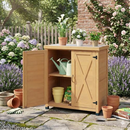 Outdoor Potting Bench with Storage Cabinet and Metal Worktop for Patio