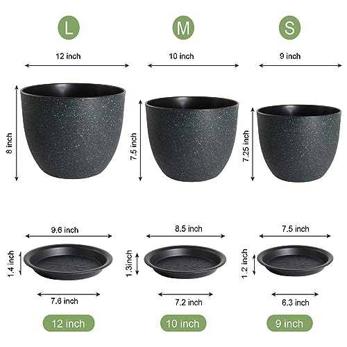 12/10/9 Large Modern Plant Pots, Plastic Planters with Drainage Holes and Saucers for Indoor Outdoor Plants Flowers, Black with Green Speckles - view 2