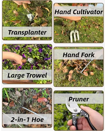 Garden Tool Set, 6PCS Heavy Duty Stainless Steel Gardening Hand Tools with Ropes, Includes Hand Cultivator Shovel Trowel Transplanter 2-in-1 Hoe Pruner, Ideal Gardening Gifts for Women Men (Classic) - view 7