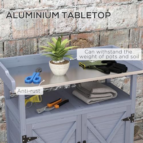 Outdoor Potting Bench, Gray Wood Table with Cabinet and Aluminum Top - view 5
