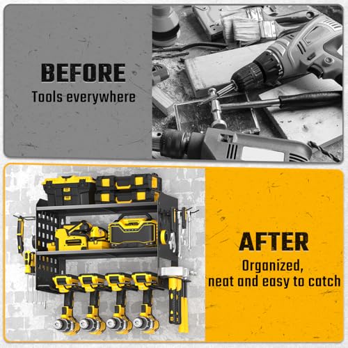 Power Tool Organizer, Drill Holder Wall Mount with 2 Side Pegboards with Hooks, 3 Layer Garage Organization Heavy Duty Tool Organizers Utility Rack for 4 Drill Holders Black - view 5