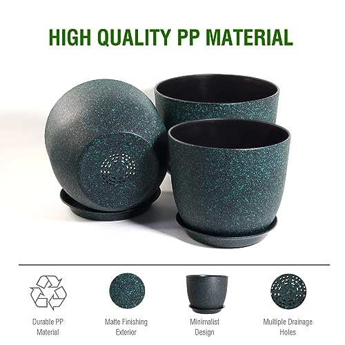 12/10/9 Large Modern Plant Pots, Plastic Planters with Drainage Holes and Saucers for Indoor Outdoor Plants Flowers, Black with Green Speckles - view 4