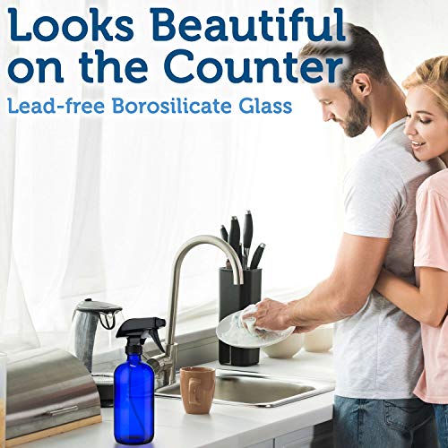 Empty Blue Glass Spray Bottles (2 Pack) - BPA Free - Large 16 oz Refillable Bottle for Plants, Pets, Essential Oils, Cleaning Products - Black Trigger Sprayer w/Mist and Stream Settings - view 5