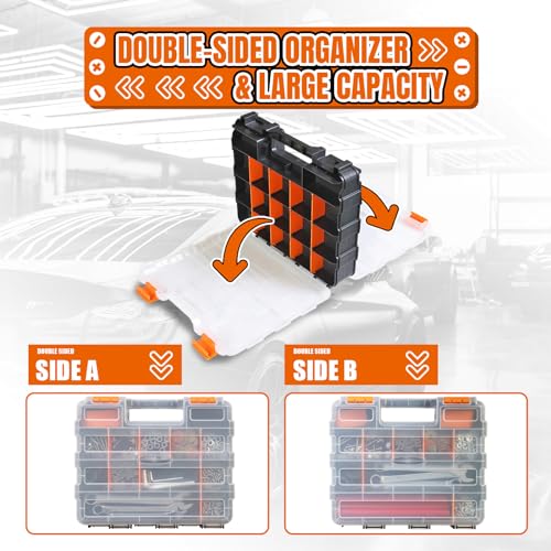 Tool Box with Transparent Lid, Double Side 34-Compartments Organizer Box with Removable Dividers for Hardware, Screws, Bolts, Nails, Beads, Jewelry and Fishing Accessories, Orange, 2 Pack - view 6
