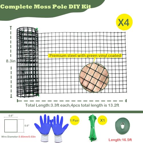 Moss Pole DIY Kit, 13.2ft Metal Moss Pole for Plants Monstera, 4Pcs 8.3in×3.3ft Steel Wire Mesh with Cable Ties, Max Make 7Pcs 23" Sphagnum Moss Pole (13.2FT Wire Mesh Without Plier) - view 2