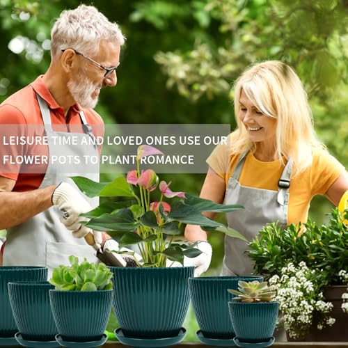 Plant Pots Indoor with Saucers & Drainage - 6 Pack Flower Pots - Plastic Planters for Indoor Planter - 7.5/6.6/5.8/5.0/4.3/3.5 inches Sizes for All Different Types of Plants-Dark Green - view 2