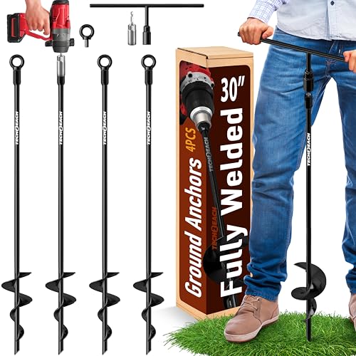 30 inch Ground Anchors Heavy Duty Screw in - Kit of 4 Fully Welded Earth Anchors - Long Spiral Tie Down Stakes for Swing Set Shed Trampoline Canopy Tree Tent - High Wind Anchor - Sand Auger Stake