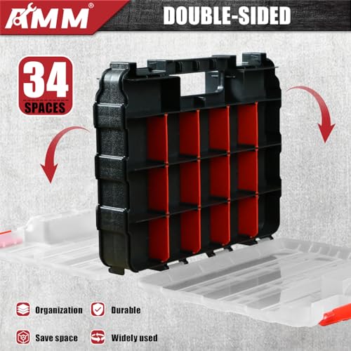 Tool Box, Double Side Tool Box Organizer with 34 Compartments, Removable Dividers, Tackle Box Small Parts Screw Hardware Organizer for Screws, Nuts, Nails and Bolts (2 Piece, Red) - view 3