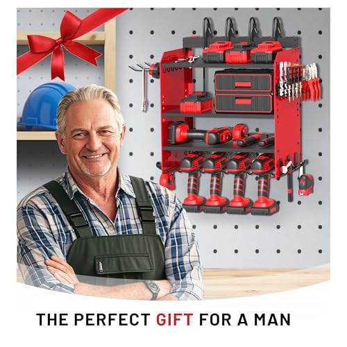 Power Tool Organizer Wall Mount with Charging Station, Garage 4 Drill Storage Shelf with Cordless Tool Holder, Heavy Duty Rack with 8 Outlet Power Strips and Hooks, Gift for Men, Husband (4 Layer) - view 5