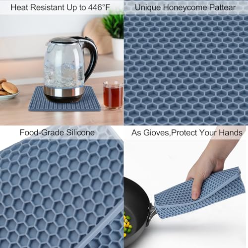 4 Pack Silicone Trivet Mat, Silicone Trivets for Hot Pots and Pans, Non-Slip & Heat Resistant Silicone Hot Pad for Kitchen Counter Mat Set, Soft Drying Mat, Jar Opener and Coasters, Square, Blue - view 4